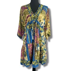 Silk Tunic Dress with 3/4 Sleeves OS Free Size Boho Floral Mini NWT